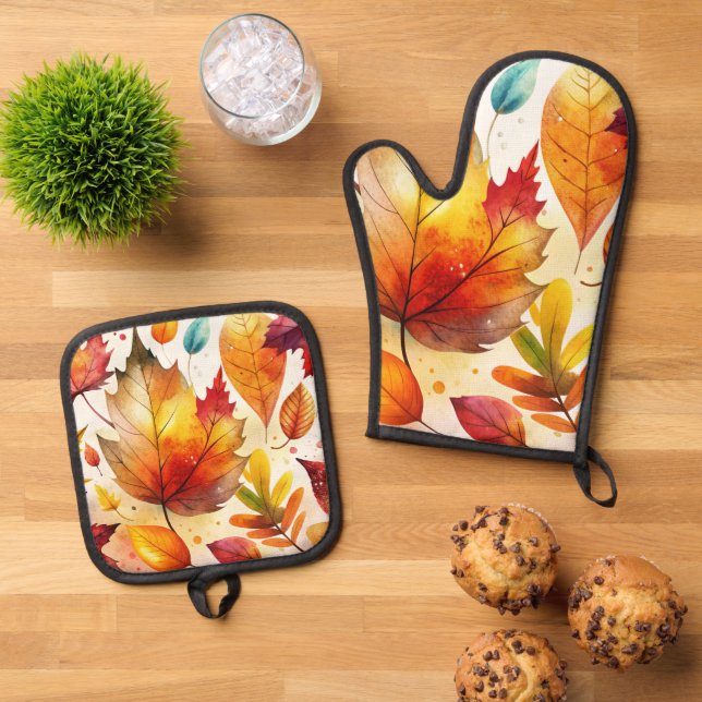 Autumn Leaves Oven Mitt & Pot Holder Set (Top Down)