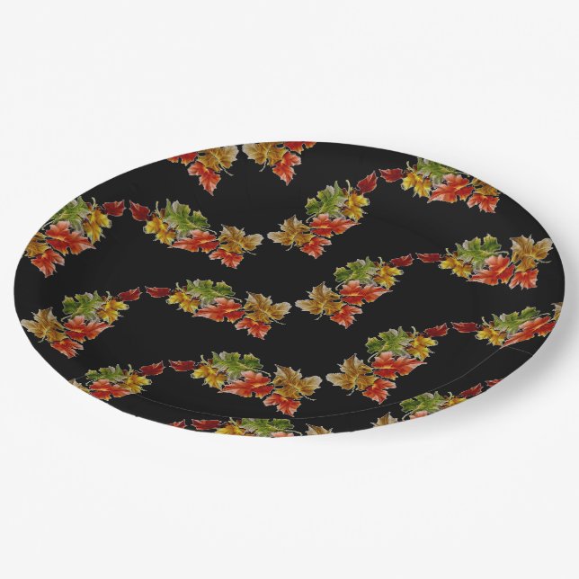Autumn Leaves Pattern Black Paper Plates (Angled)