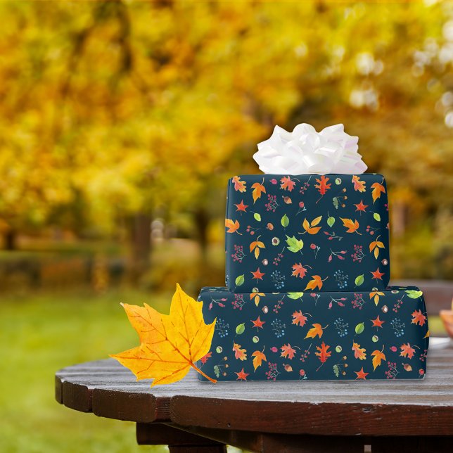 Autumn Leaves Pattern Watercolor Navy Blue Wrapping Paper (Creator Uploaded)