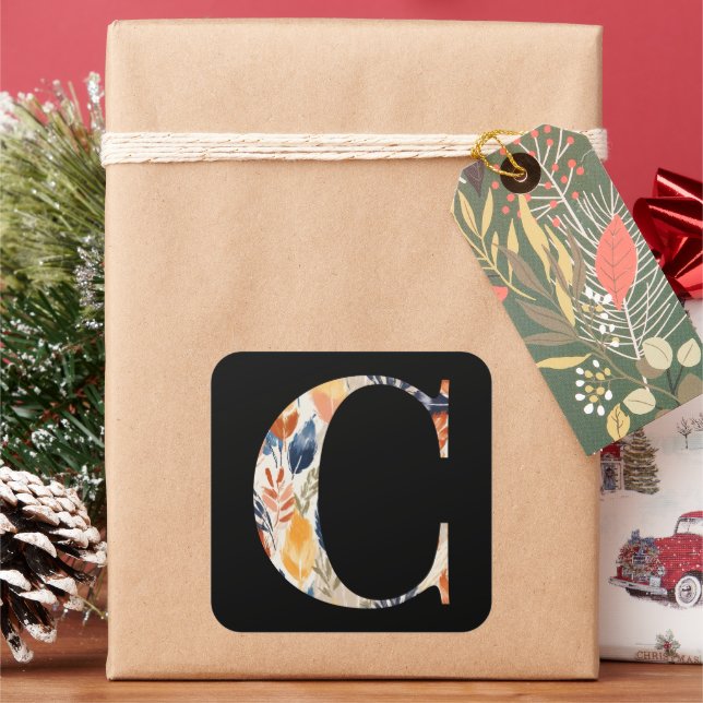 Autumn Leaves Patterned Letter C Black Initial Square Sticker (Holiday)
