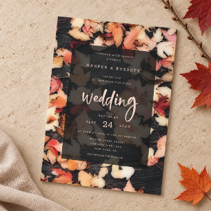 Autumn Leaves Photo Rustic Wood Wedding Invitation