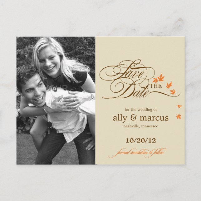Autumn Leaves Photo Save The Date Postcard (Front)