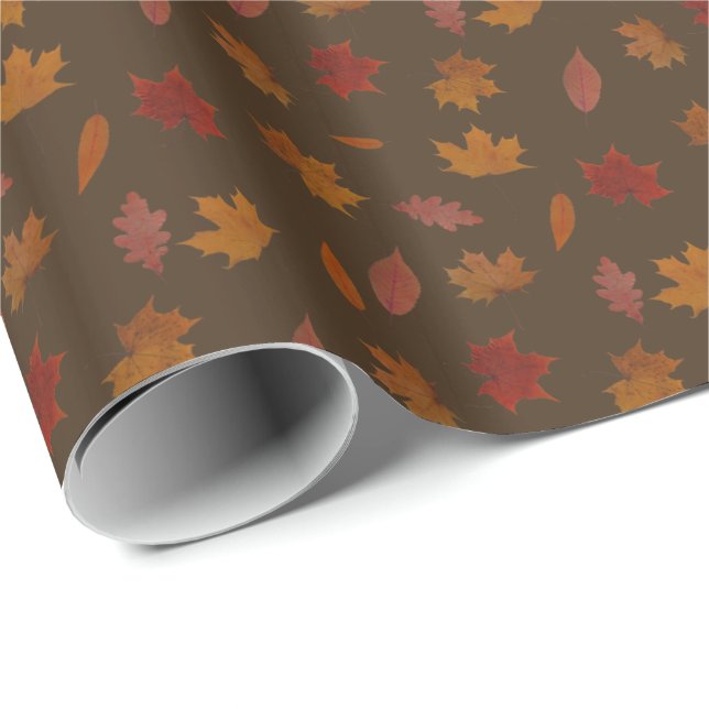 Autumn Leaves Photographic on Brown Custom Colour Wrapping Paper (Roll Corner)