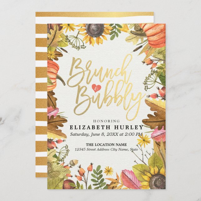 Autumn Leaves Pumpkin Brunch Bubbly Bridal Shower Invitation (Front/Back)