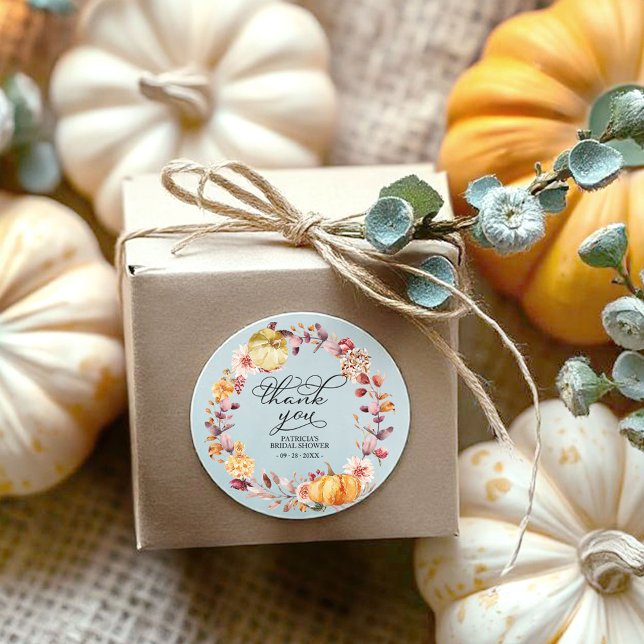 Autumn Leaves Pumpkin Fall Bridal Shower Favour Classic Round Sticker (Creator Uploaded)