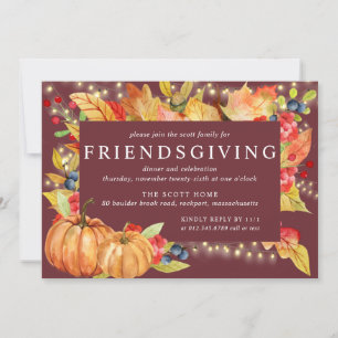 Autumn Leaves Pumpkin String Lights Friendsgiving Invitation
