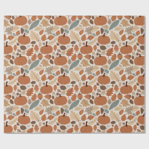 Autumn leaves, pumpkins, and acorns wrapping paper