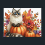 Autumn Leaves Pumpkins and Ragdoll Cat Postcard<br><div class="desc">With autumn in full swing, it is the perfect time of year to share this delightful cat postcard with your friends and family. The card features a ragdoll cat sitting surrounded by orange pumpkins and the backdrop of bright orange and yellow autumn leaves. The gorgeous, warm colours of autumn create...</div>