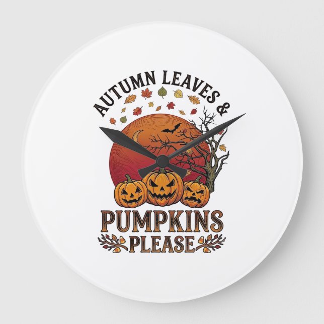 Autumn Leaves Pumpkins Please Halloween Bats Trees Large Clock (Front)