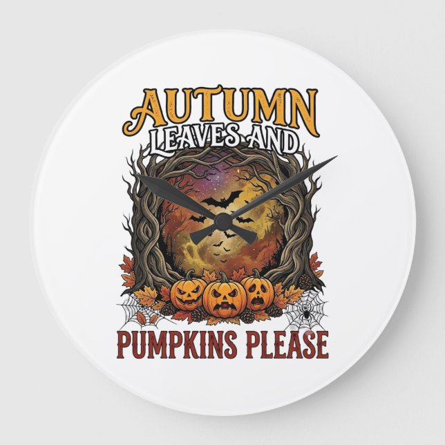 Autumn Leaves Pumpkins Please Halloween Spooky Tre Large Clock (Front)