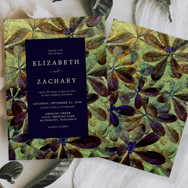 Autumn Leaves Purple Green Yellow Wedding Invitation (Creator Uploaded)