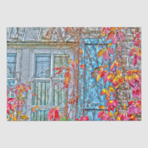 Autumn Leaves Red Blue Antique Country Window Tissue Paper