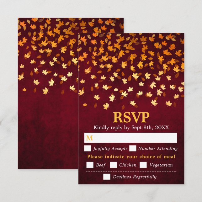 Autumn Leaves Red Grunge Wedding Meal Choice RSVP Card (Front/Back)