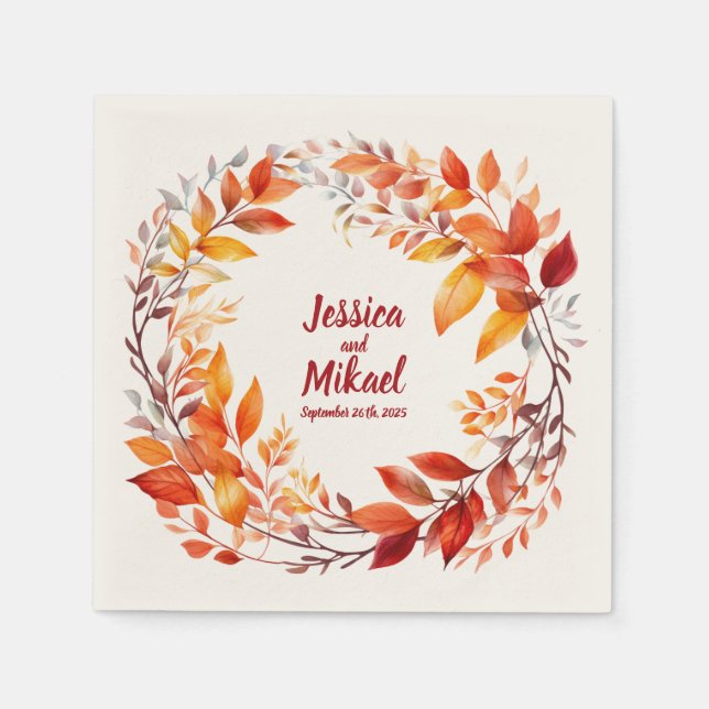Autumn Leaves Ring: Personalized Wedding Napkins (Front)