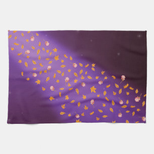 Autumn Leaves & Roses Blue Tea Towel 