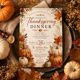 Autumn Leaves Rustic Fall Pumpkins Thanksgiving Invitation