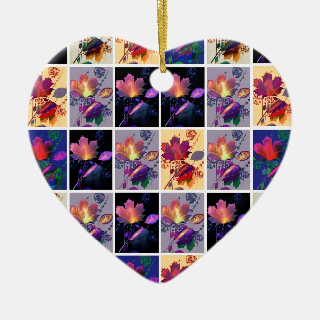 Autumn Leaves Rustic Patchwork Quilt Collage Ceramic Tree Decoration (Front)