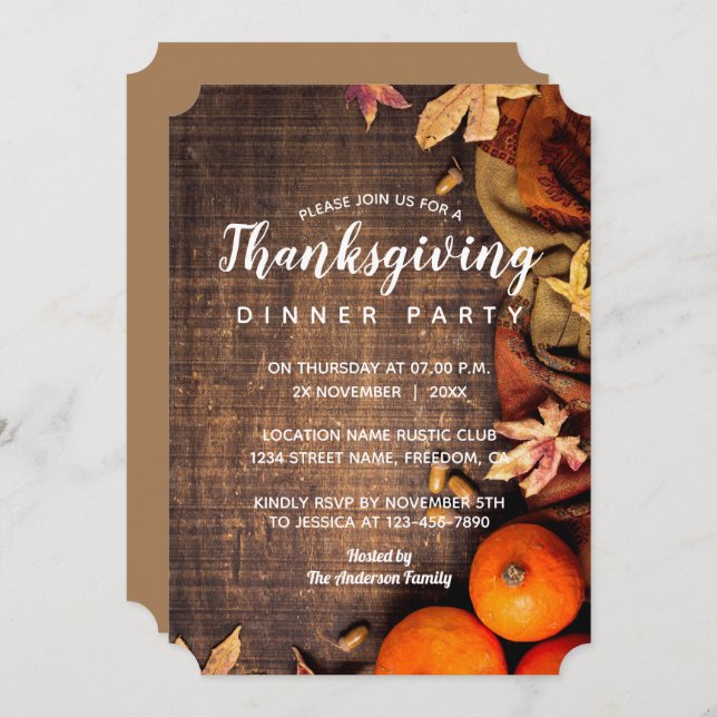 Autumn Leaves Rustic Pumpkin Thanksgiving Dinner Invitation (Front/Back)