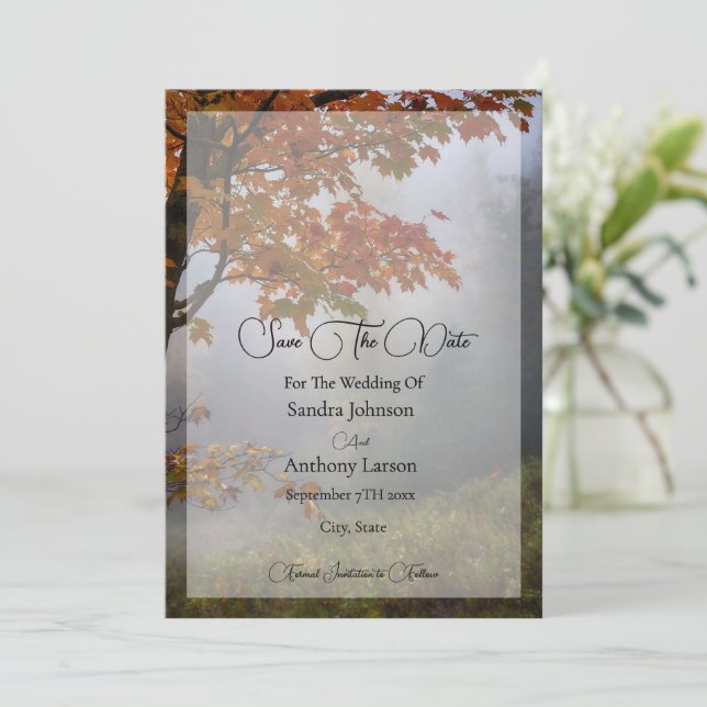 Autumn Leaves Rustic Wedding Save The Date (Standing Front)