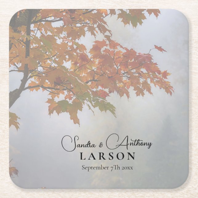 Autumn Leaves Rustic Wedding Square Paper Coaster (Front)