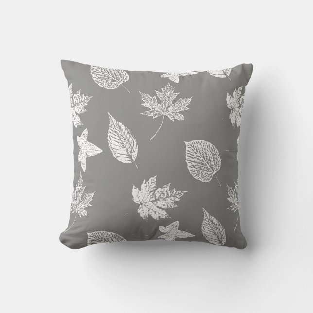 Autumn leaves - silver grey and white cushion (Front)