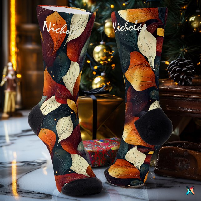 Autumn Leaves Socks in Burgundy, Gold, and Green (Creator Uploaded)