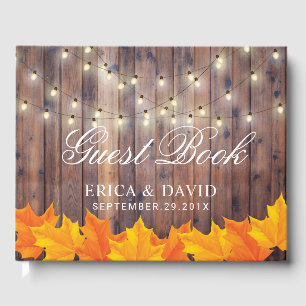 Autumn Leaves String Lights Rustic Barn Wedding Guest Book