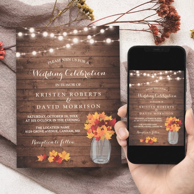 Autumn Leaves String Lights Rustic Fall Wedding Invitation (Set the tone for your special day with this unique and customizable design.)