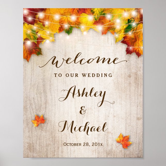 Autumn Leaves String Lights Wedding Welcome Sign (Front)