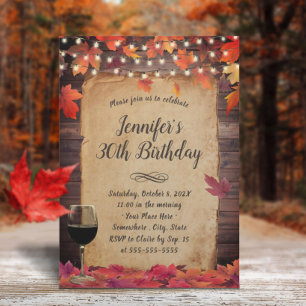 Autumn Leaves String Lights Wine Birthday Party Invitation