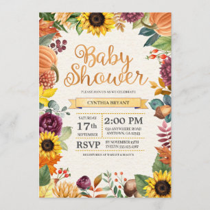 Autumn Leaves Sunflower Fall Baby Shower Invitation