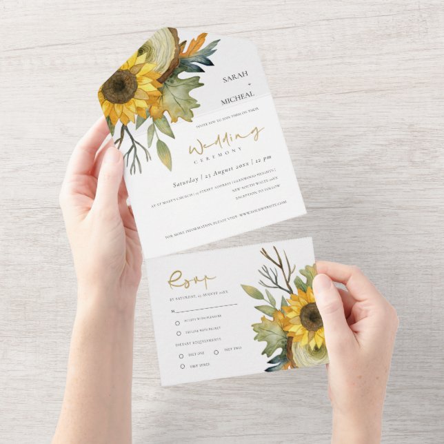 AUTUMN LEAVES SUNFLOWER WOODEN LOG FLORAL WEDDING  ALL IN ONE INVITATION (Tearaway)