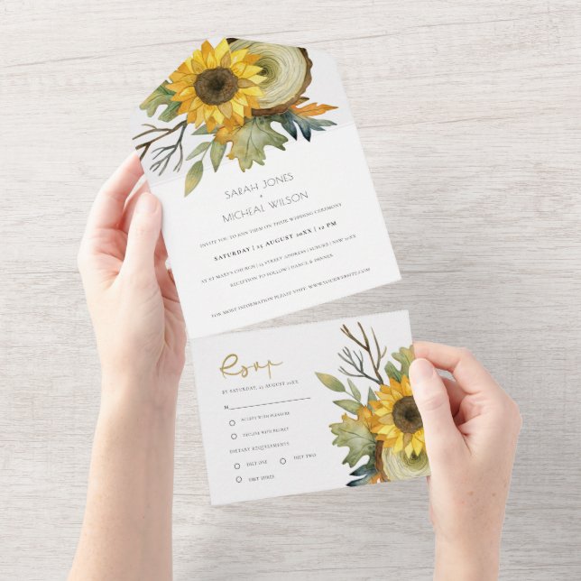 AUTUMN LEAVES SUNFLOWER WOODEN LOG FLORAL WEDDING  ALL IN ONE INVITATION (Tearaway)