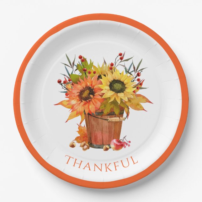 Autumn Leaves Sunflowers in Wooden Bucket Thankful Paper Plate (Front)