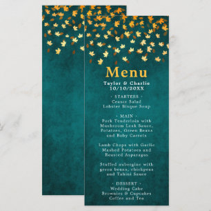 Autumn Leaves Teal Blue and Gold Wedding Menu
