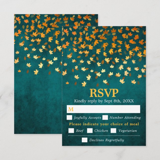 Autumn Leaves Teal Grunge Wedding Meal Choice RSVP Card (Front/Back)