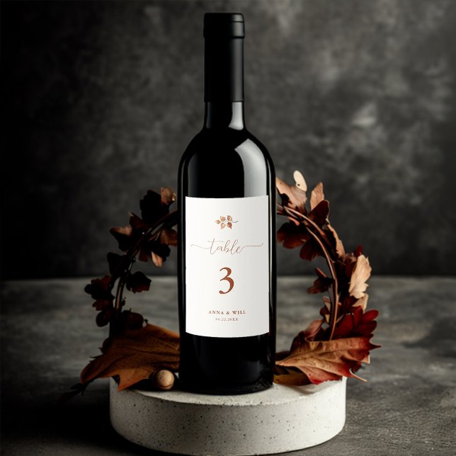 Autumn Leaves Terracotta Chic Elegant Wedding Wine Label (autumn leaves foliage fall wedding table number wine bottle elegant romantic calligraphy terracotta)