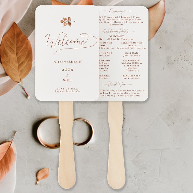 Autumn Leaves Terracotta Chic Wedding Program Hand Hand Fan (Autumn leaves fall wedding program romantic elegant calligraphy terracotta burnt orange classy chic)