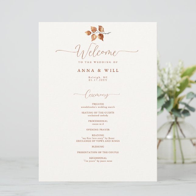 Autumn Leaves Terracotta Elegant Wedding Ceremony Programme (Standing Front)