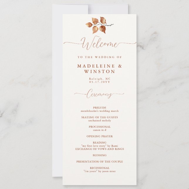 Autumn Leaves Terracotta Elegant Wedding Program (Front)