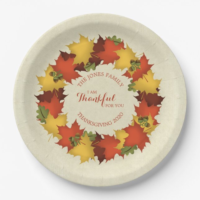 Autumn Leaves Thanksgiving Wreath Paper Plate (Front)