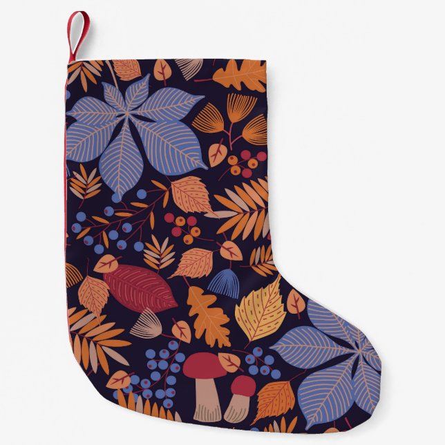 Autumn Leaves, Vintage Mushroom Illustration. Small Christmas Stocking (Front)