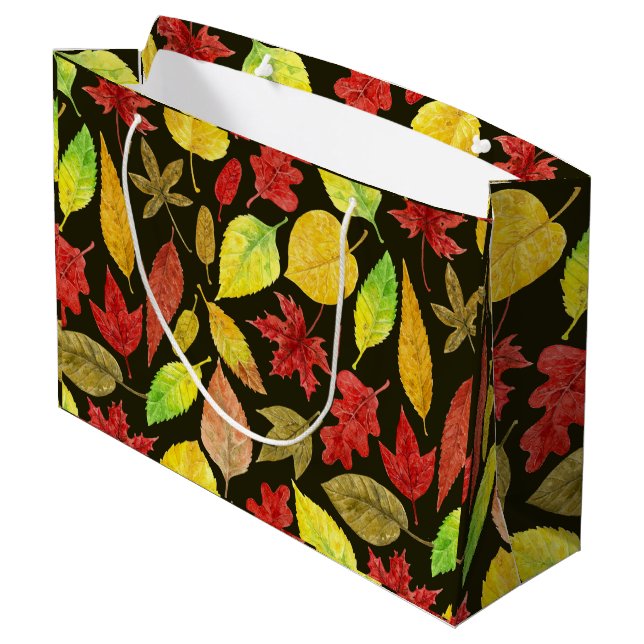 Autumn leaves watercolor dark large gift bag (Back Angled)