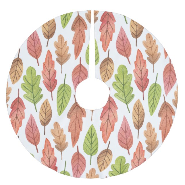 Autumn Leaves Watercolor: Nature Pattern. Brushed Polyester Tree Skirt (Front)