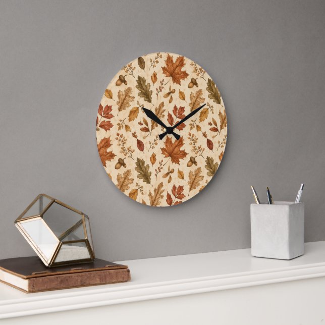 Autumn Leaves Watercolor Pattern  Large Clock (Office)
