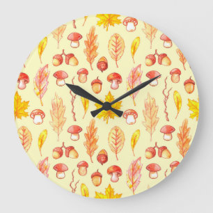 Autumn Leaves: Watercolor Retro Wallpaper Large Clock