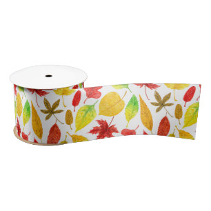 Autumn leaves watercolor white satin ribbon