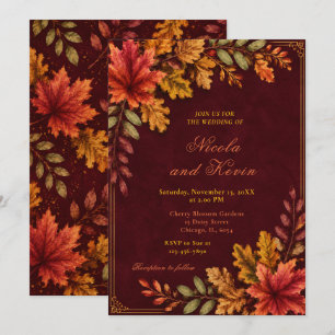 Autumn Leaves Wedding Burgundy Invitation