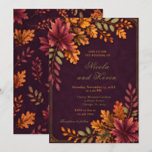 Autumn Leaves Wedding Deep Plum Invitation