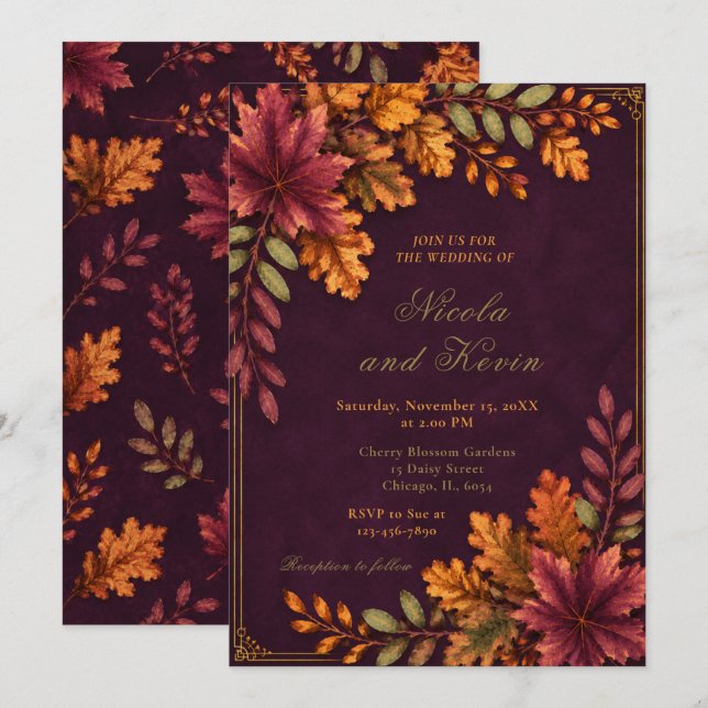 Autumn Leaves Wedding Deep Plum Invitation (Front/Back)